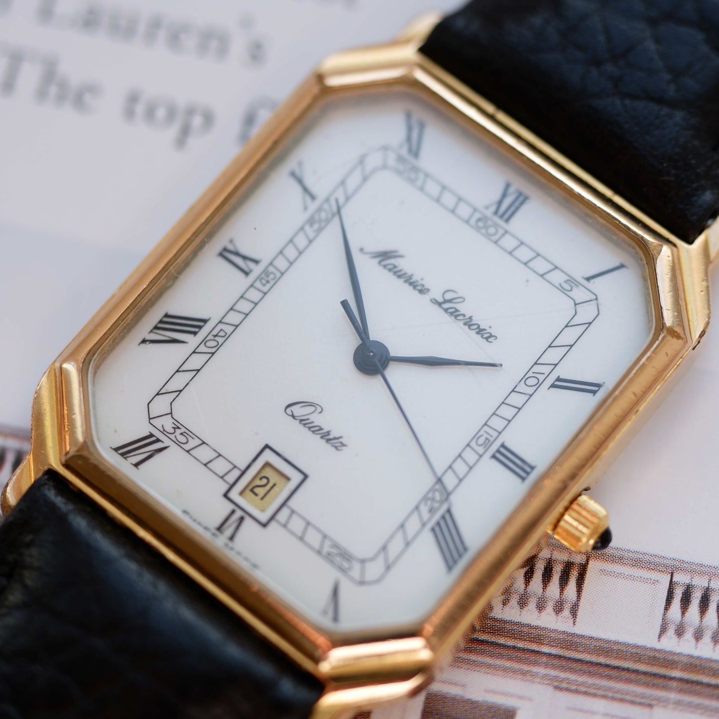 Vintage Maurice Lacroix Tank Watch 80s Gold White Dial and Date Window