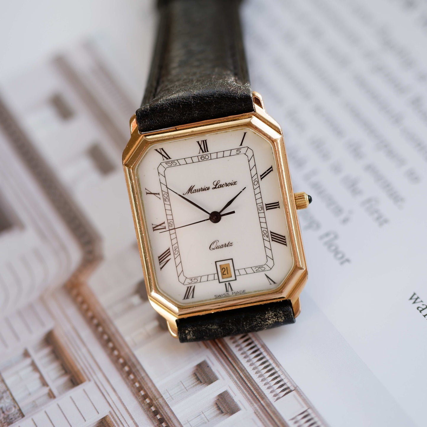 Vintage Maurice Lacroix Tank Watch 80s Gold White Dial and Date Window
