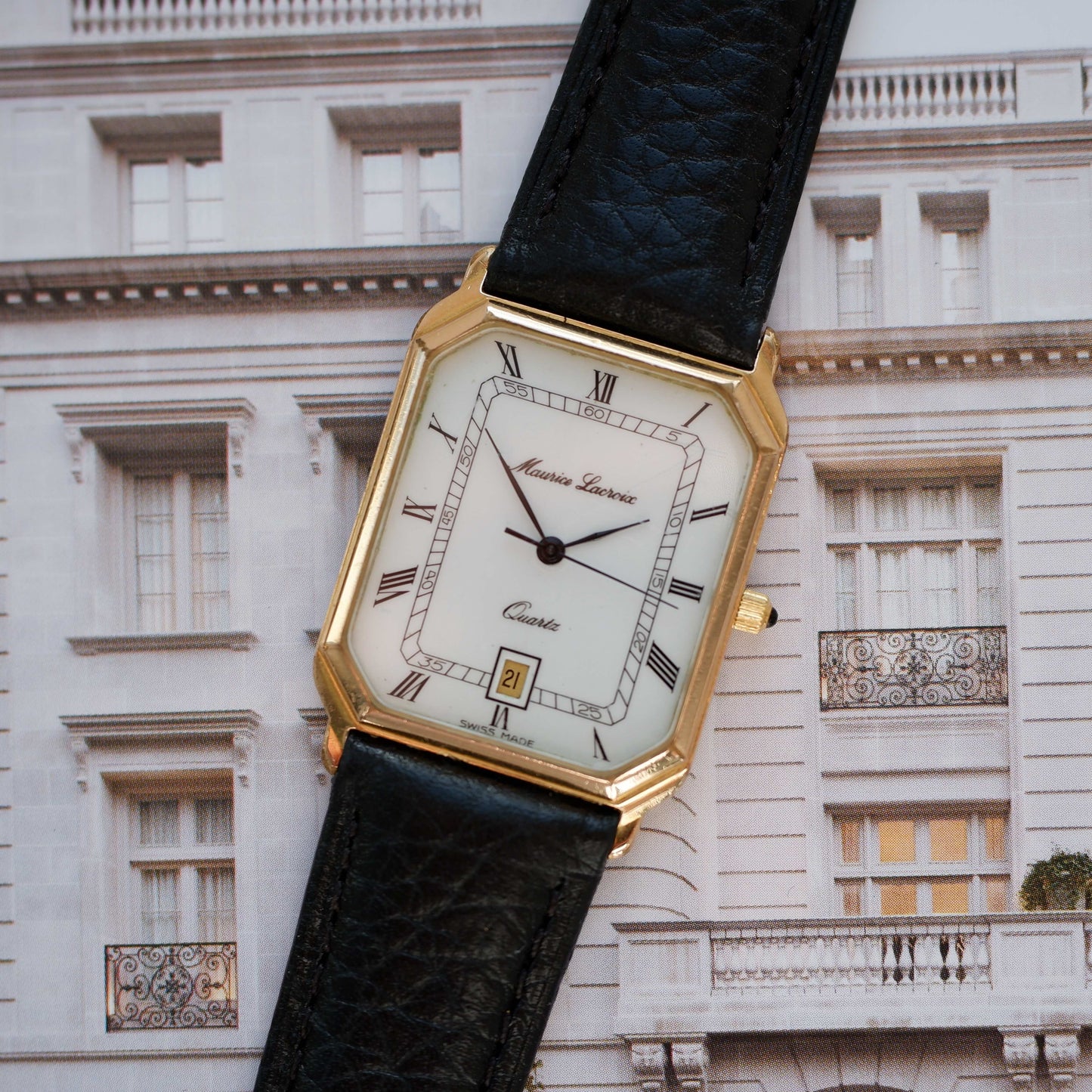 Vintage Maurice Lacroix Tank Watch 80s Gold White Dial and Date Window