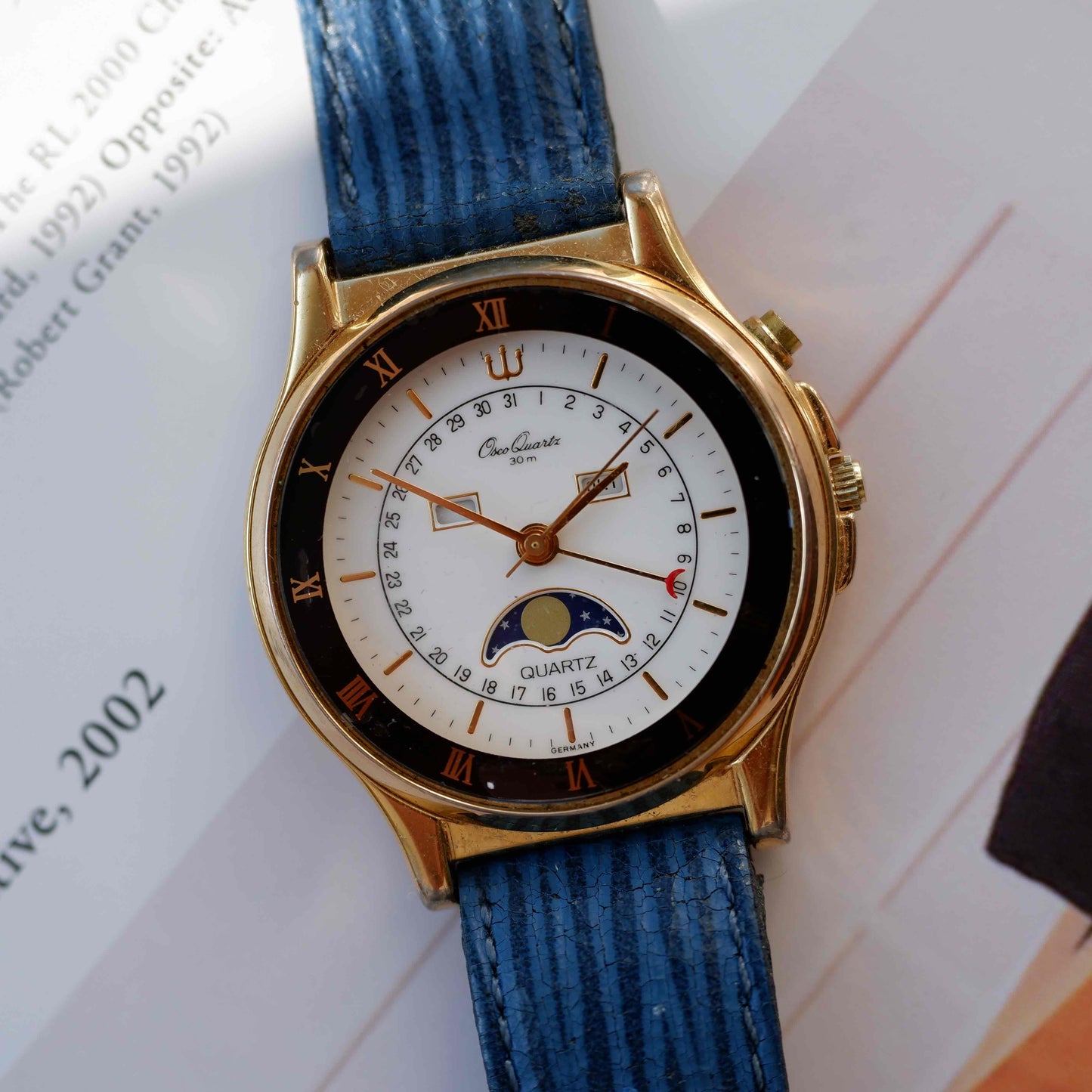 Vintage Osco Moon Phase Calendar Dress Watch 90s Gold Quartz