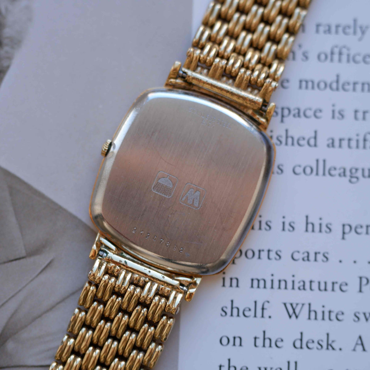 Vintage Longines Cushion Watch 80s Gold Sand Dune Dial Integrated Bracelet