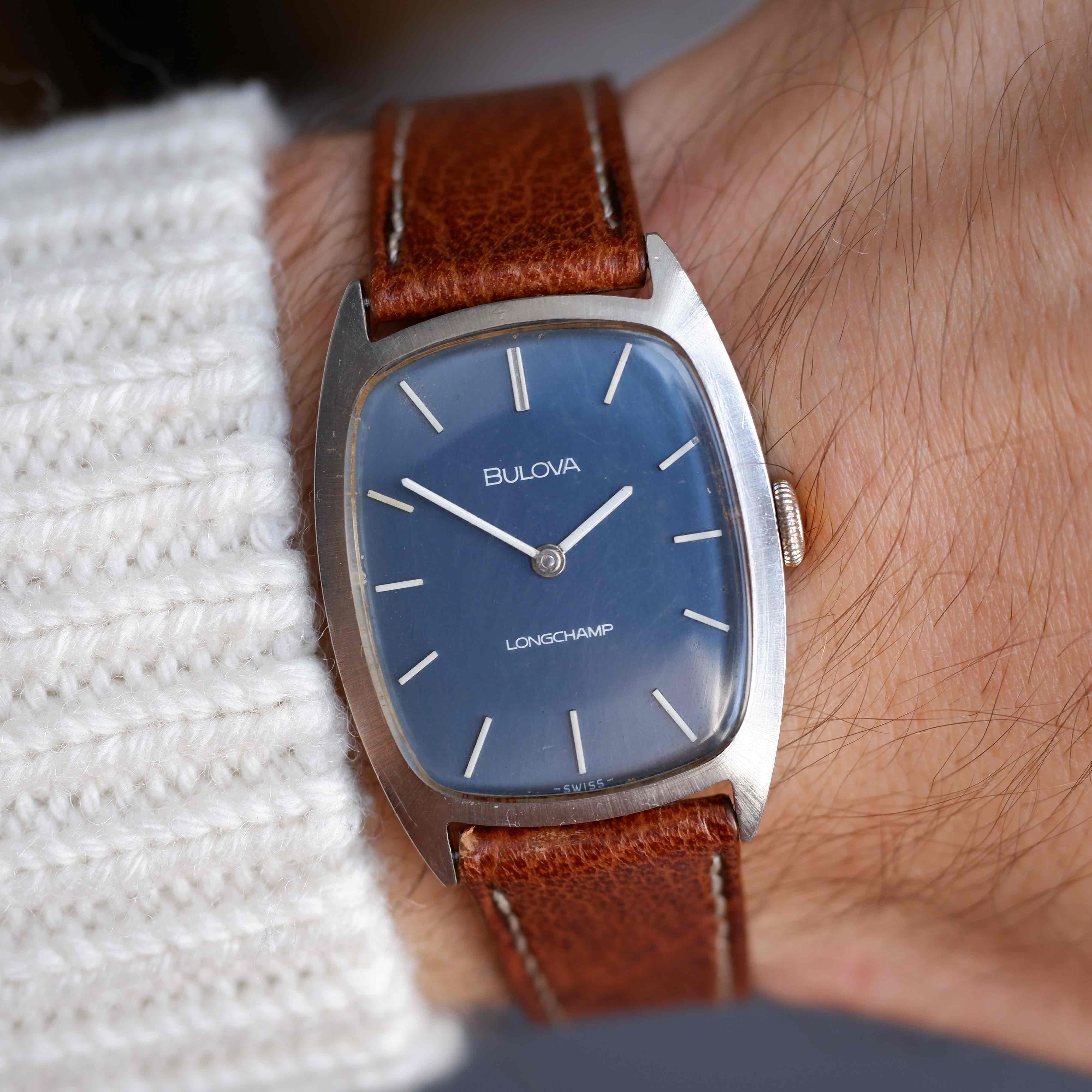 Vintage Bulova Tank Longchamp Watch 70s Blue Dial Swiss Manual