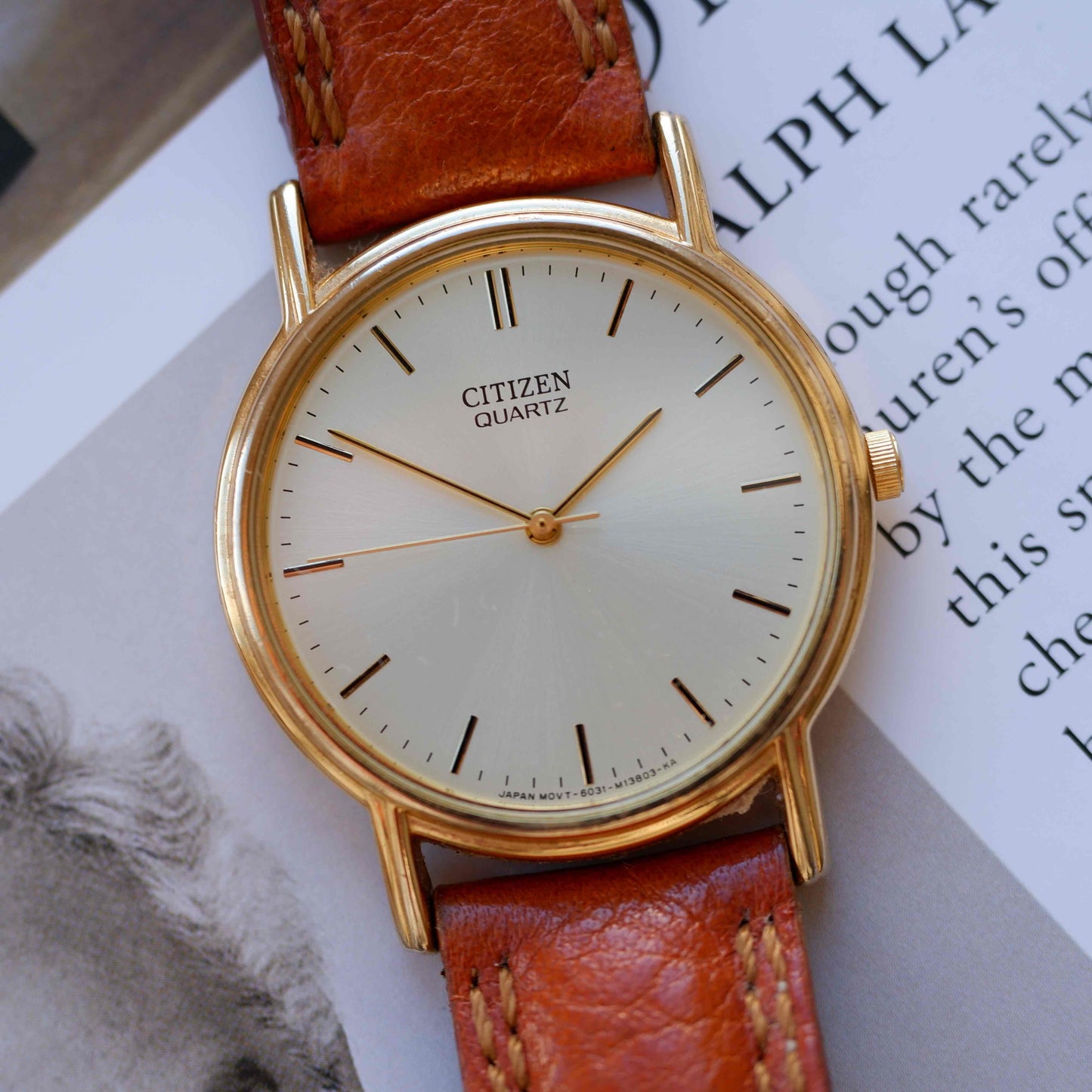 Vintage Citizen Dress Watch 80s Gold White Sunburst Dial Quartz
