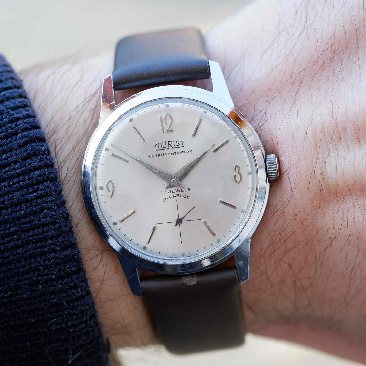 Vintage Tourist Dress Watch 60s Mechanical White Sunburst Dial