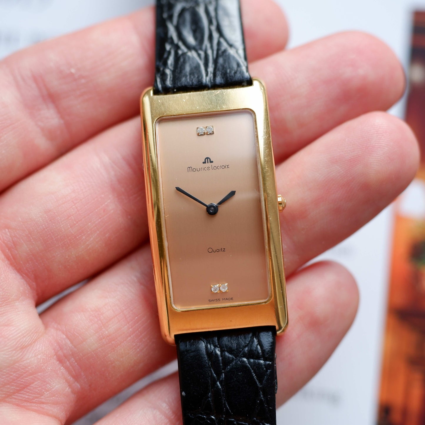 Vintage Maurice Lacroix Tank Watch 80s Gold Diamond Set Rose Dial