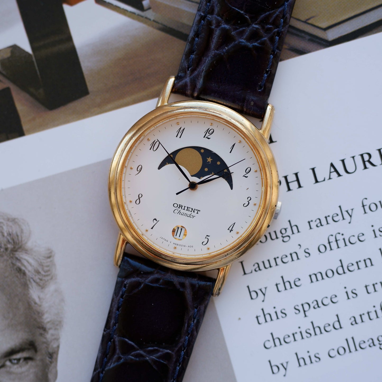 Vintage Orient Chandor Moon Phase Dress Watch 90s Gold Quartz
