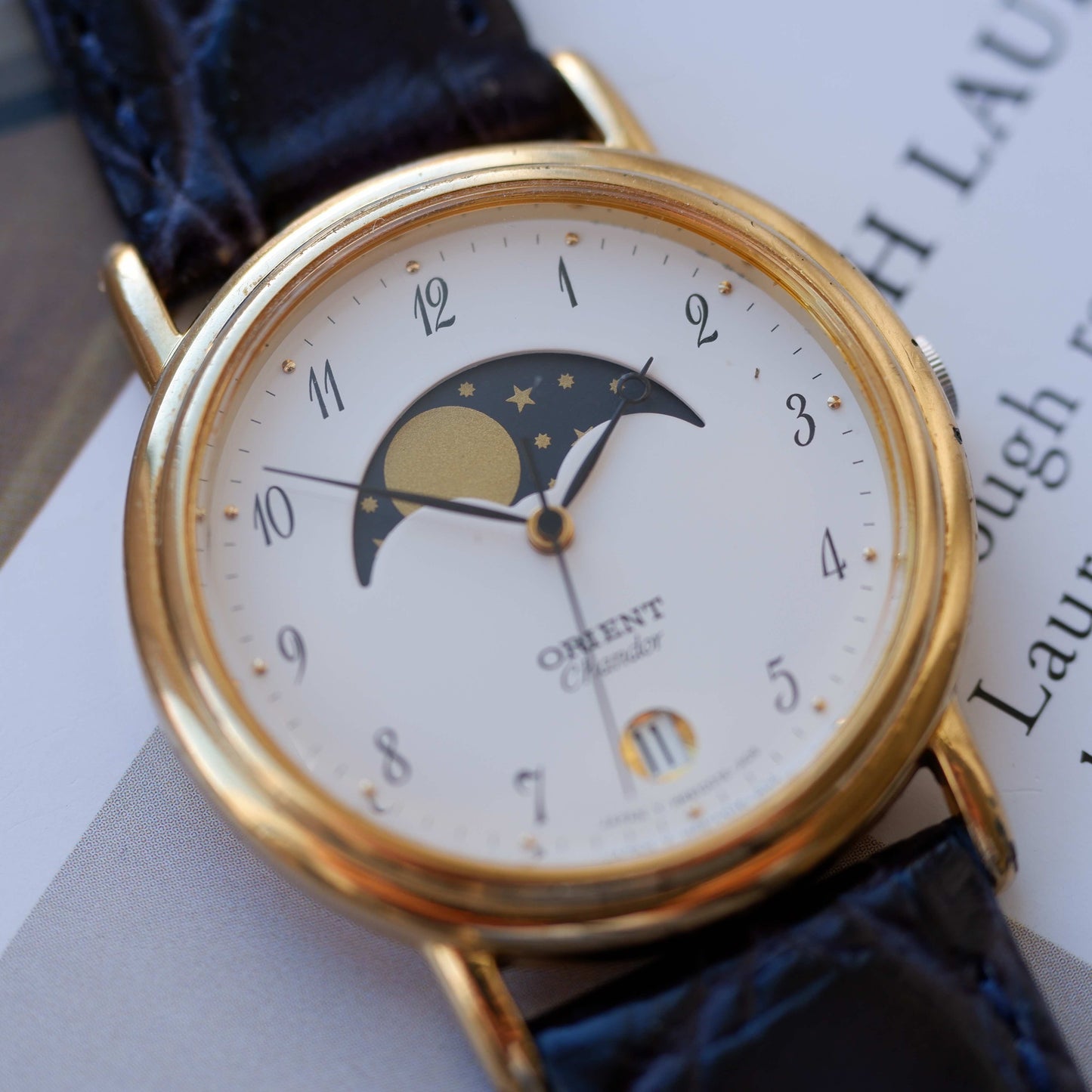 Vintage Orient Chandor Moon Phase Dress Watch 90s Gold Quartz