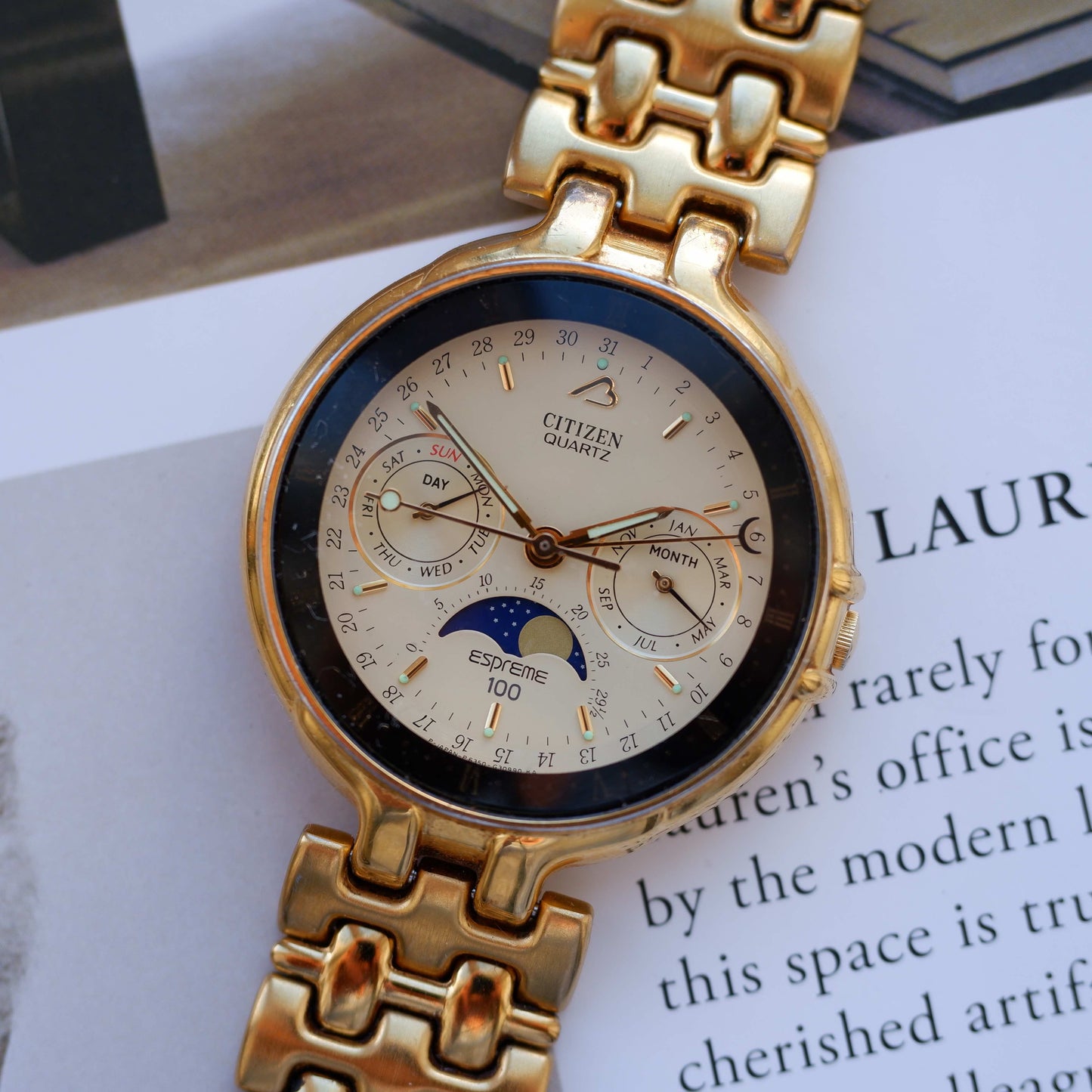 Vintage Citizen Espreme 100 Moon Phase Watch 90s Gold Quartz
