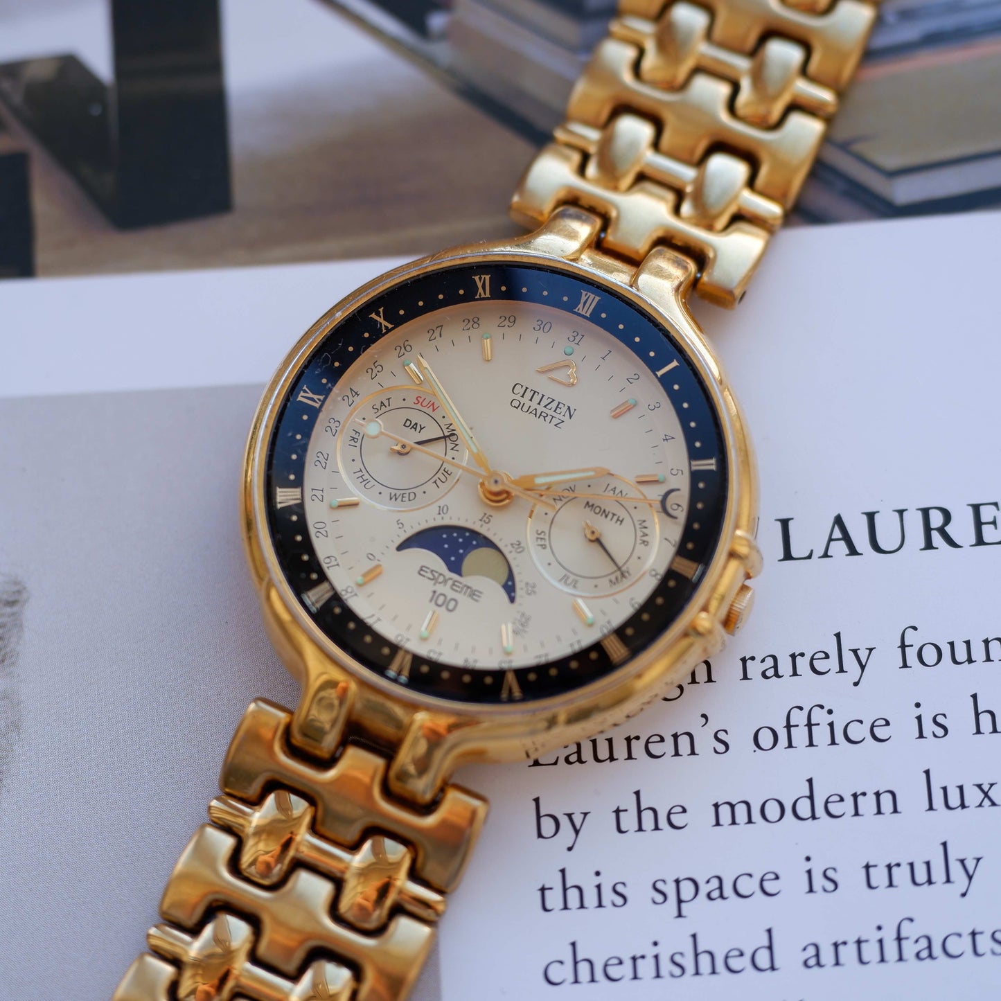 Vintage Citizen Espreme 100 Moon Phase Watch 90s Gold Quartz