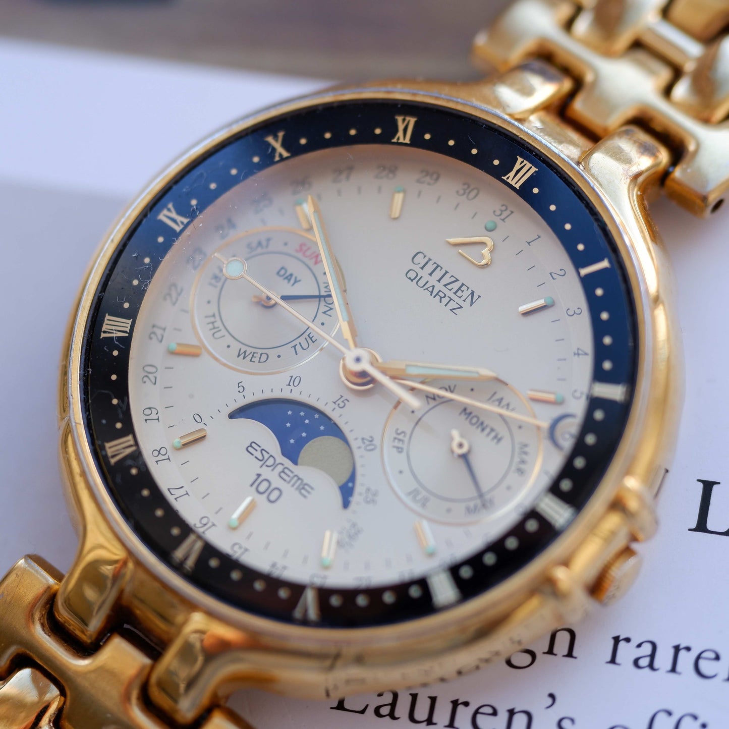 Vintage Citizen Espreme 100 Moon Phase Watch 90s Gold Quartz
