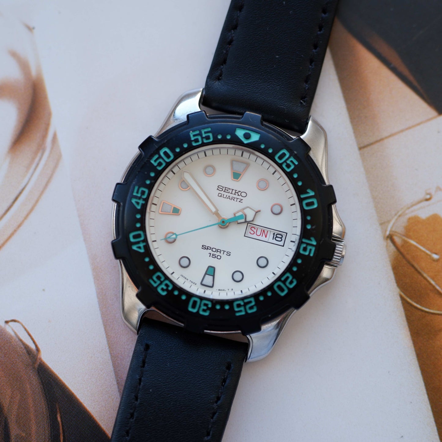 Vintage Seiko Diver Style Watch 80s White Dial Quartz Black Bezel