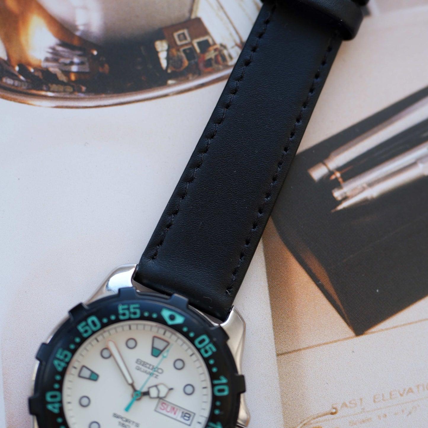 Vintage Seiko Diver Style Watch 80s White Dial Quartz Black Bezel