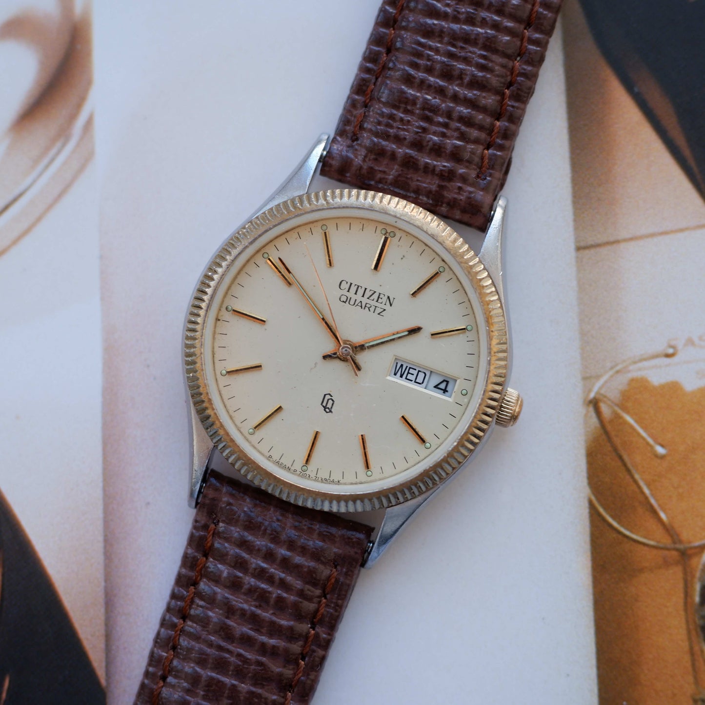 Vintage Citizen Dress Watch Day Date 70s Gold Two Tone Ivory Dial Quartz