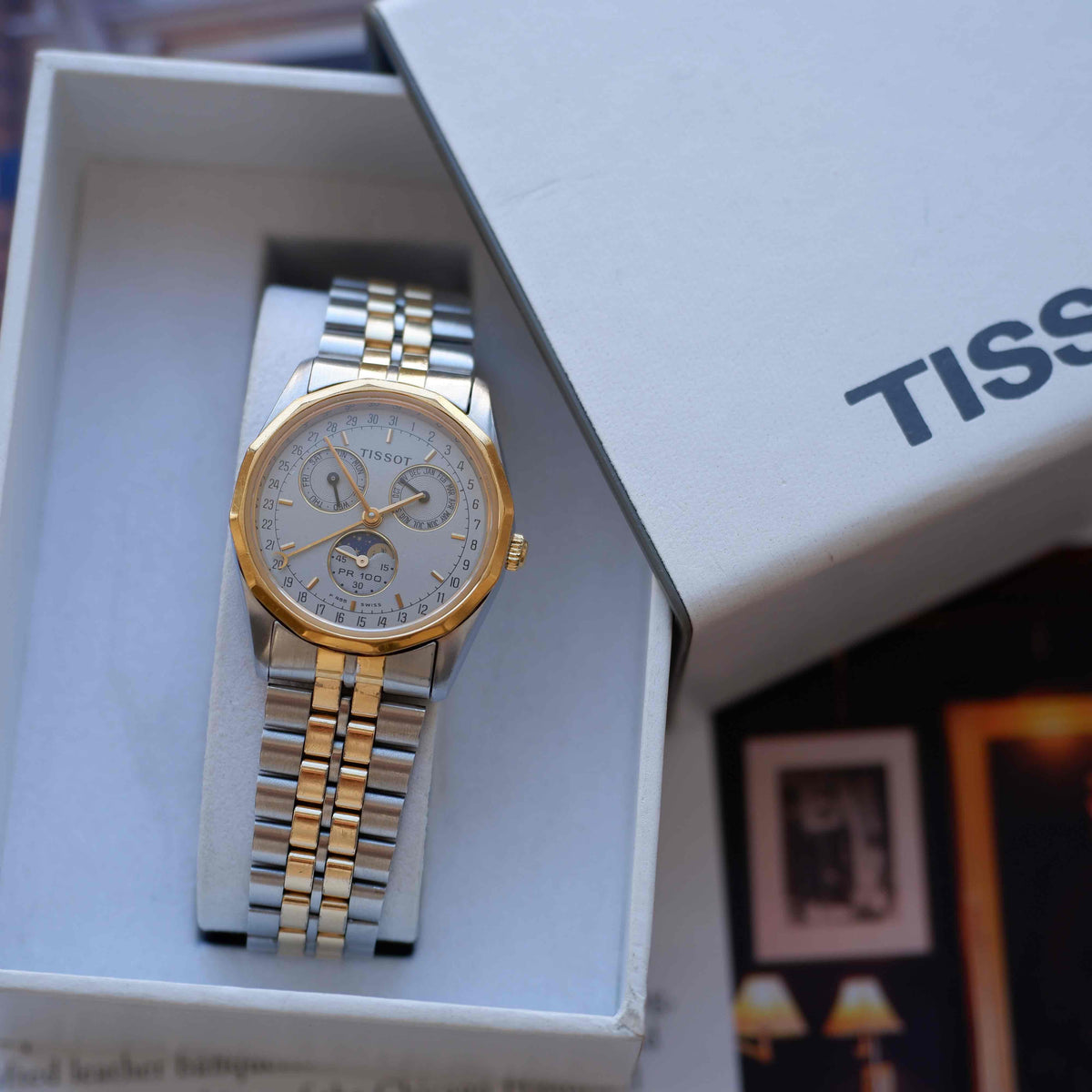 Vintage Tissot PR 100 Moonphase Full Calendar 90s Two-Tone Mid-Size Quartz with Box