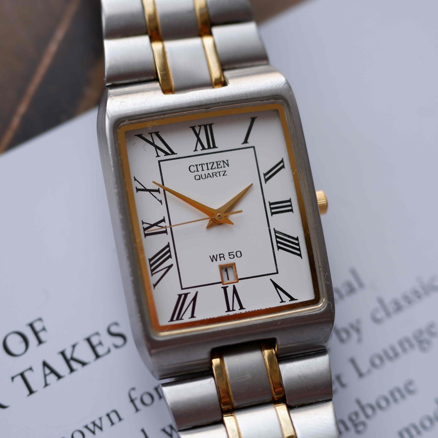 Vintage Citizen Tank Style Watch 90s Roman Dial Two Tone Quartz WR50