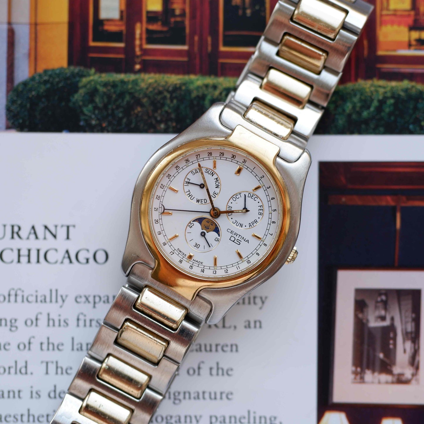 Vintage Certina Moon Phase Two Tone Watch 90s Gold Quartz