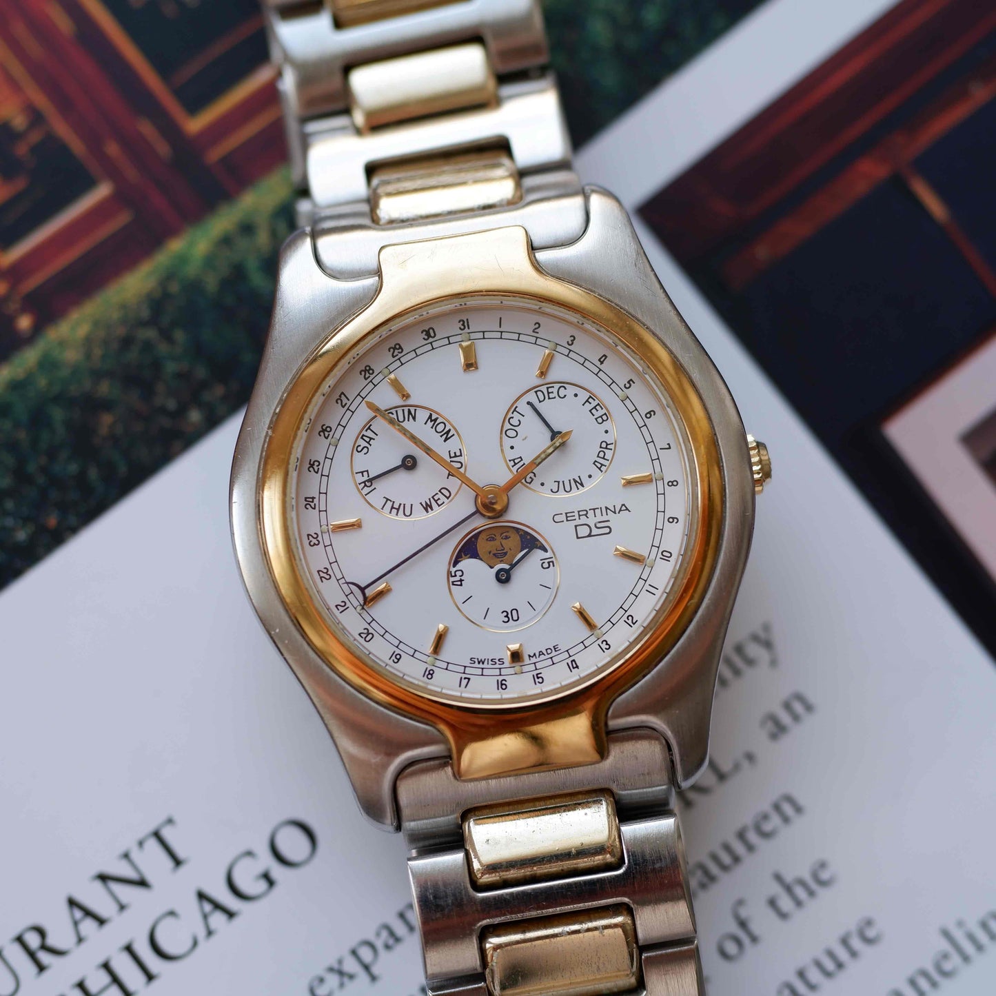 Vintage Certina Moon Phase Two Tone Watch 90s Gold Quartz