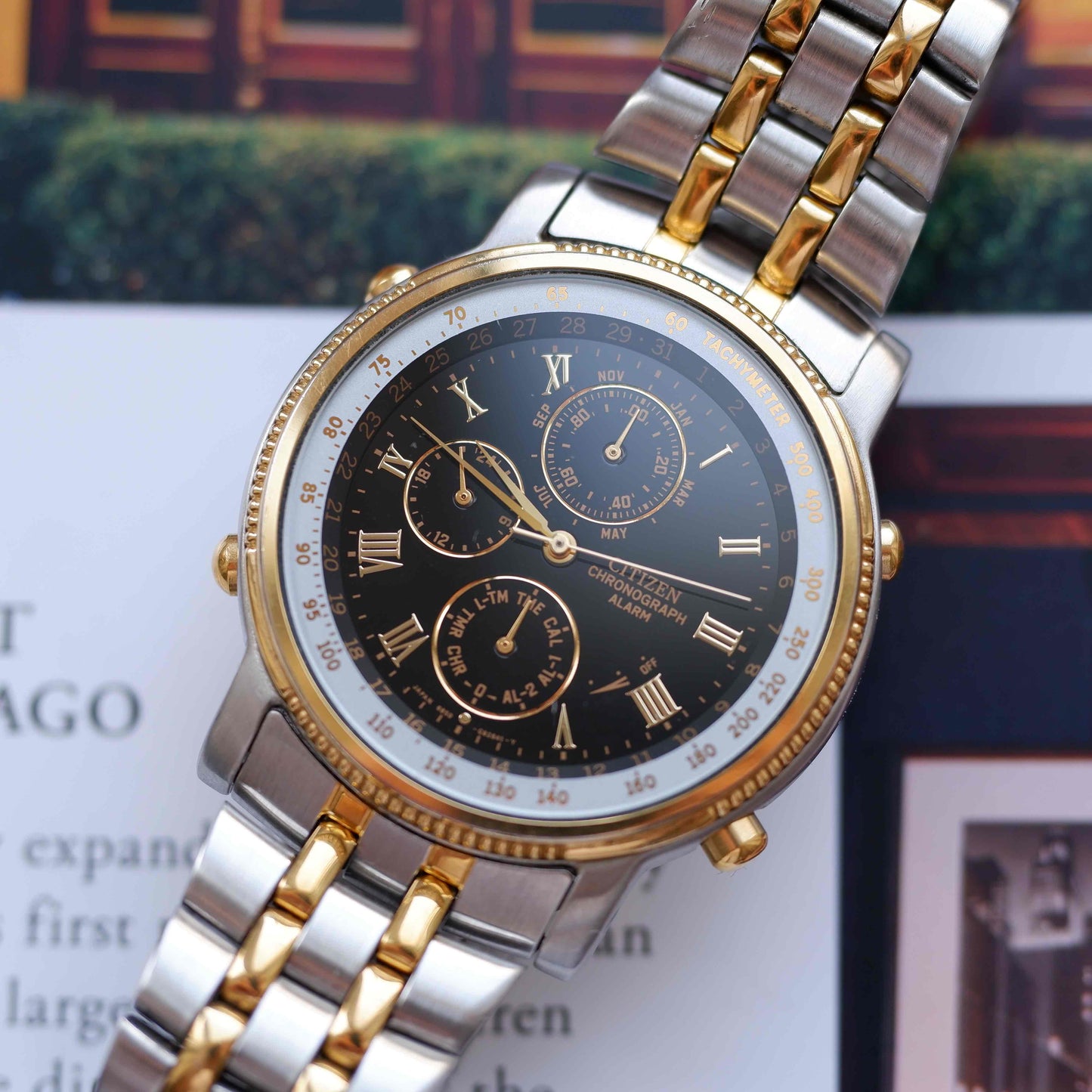 Vintage Citizen Chronograph Alarm 80s Gold Two Tone Quartz Mint