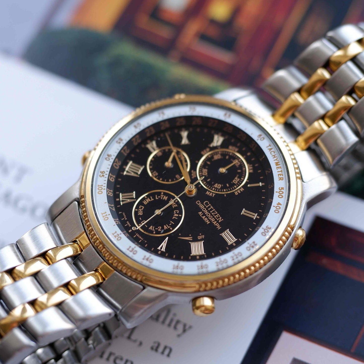Vintage Citizen Chronograph Alarm 80s Gold Two Tone Quartz Mint