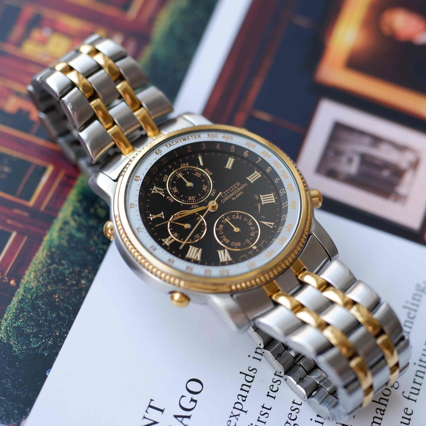 Vintage Citizen Chronograph Alarm 80s Gold Two Tone Quartz Mint