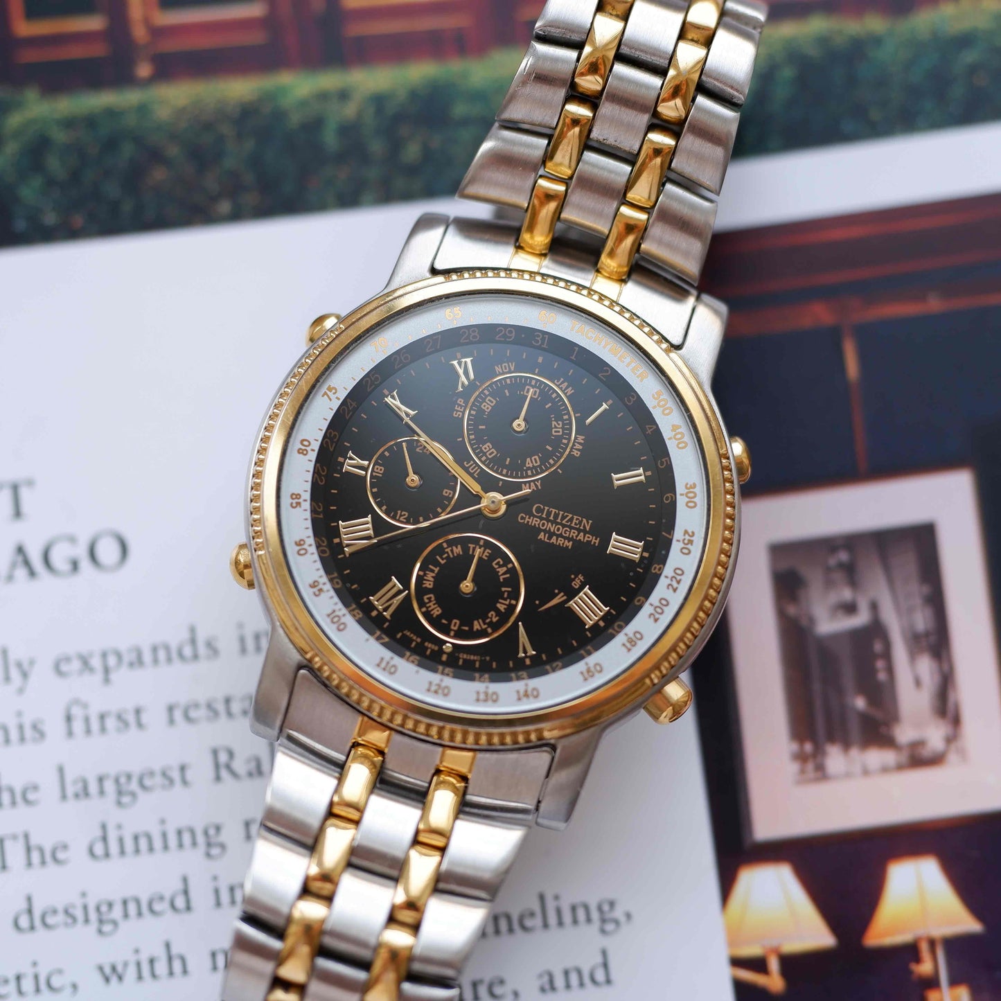 Vintage Citizen Chronograph Alarm 80s Gold Two Tone Quartz Mint