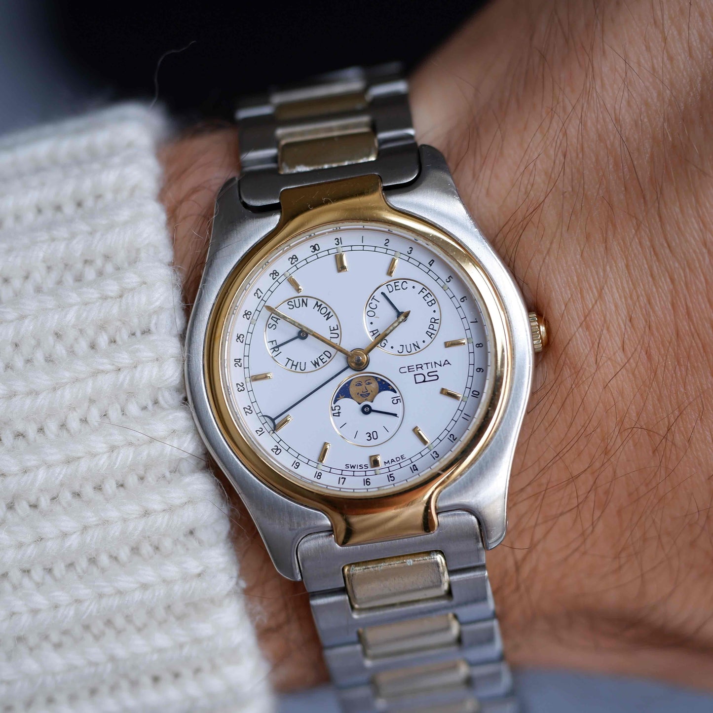 Vintage Certina Moon Phase Two Tone Watch 90s Gold Quartz
