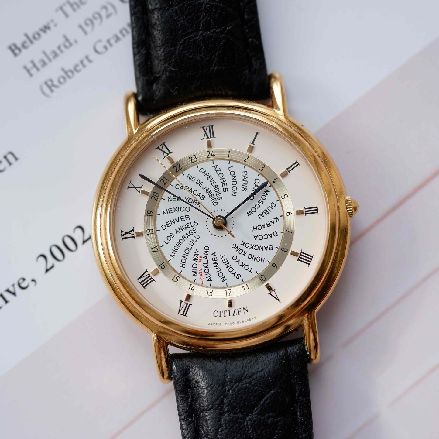 Vintage Citizen World Time Dress Watch 80s Gold White Dial Quartz