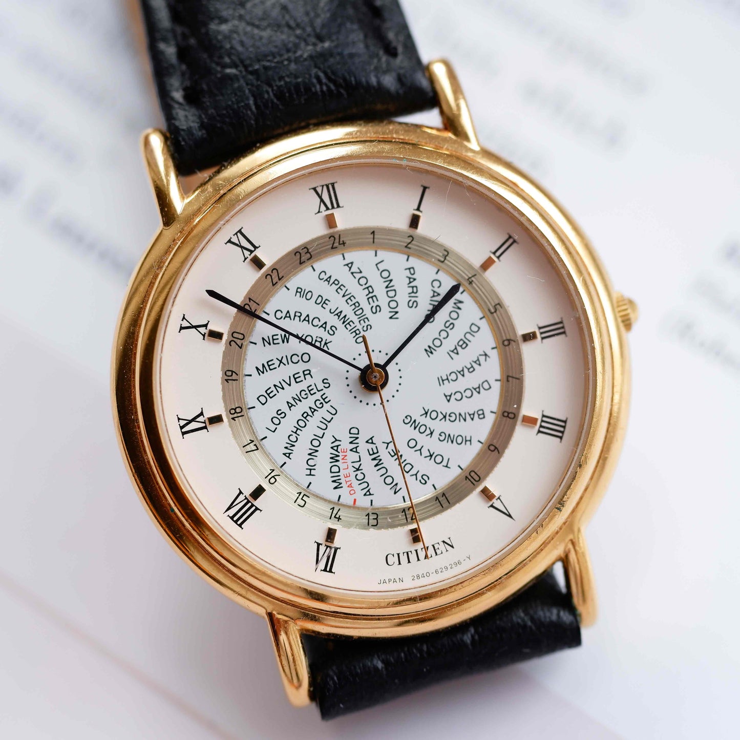 Vintage Citizen World Time Dress Watch 80s Gold White Dial Quartz
