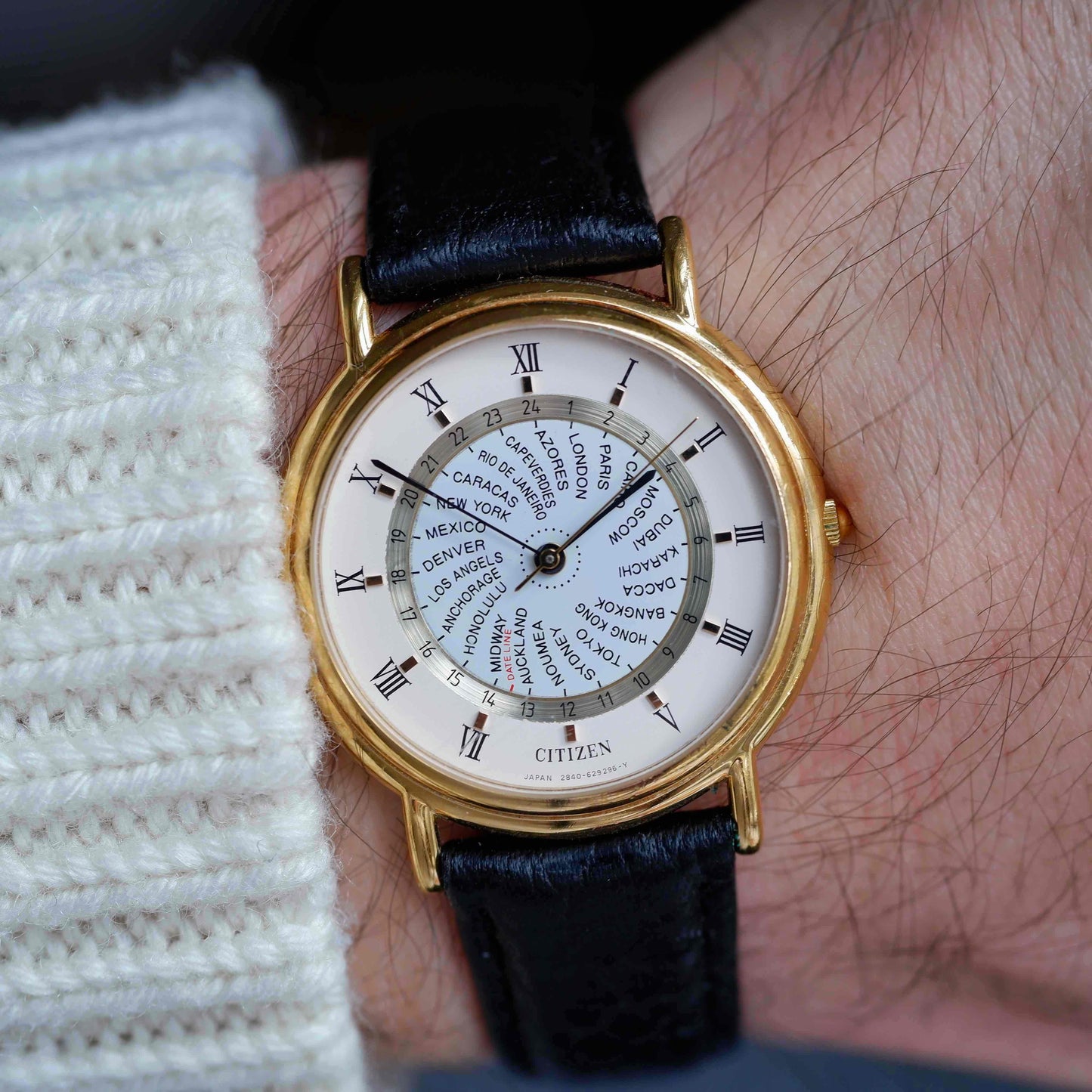 Vintage Citizen World Time Dress Watch 80s Gold White Dial Quartz
