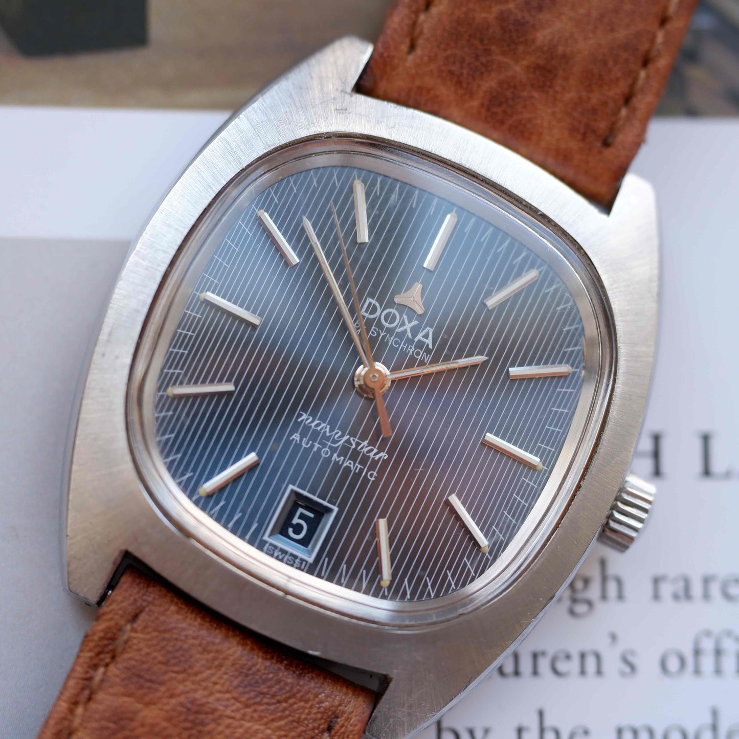 Vintage Doxa Navystar Automatic Watch 70s Blue Striped Dial with Date