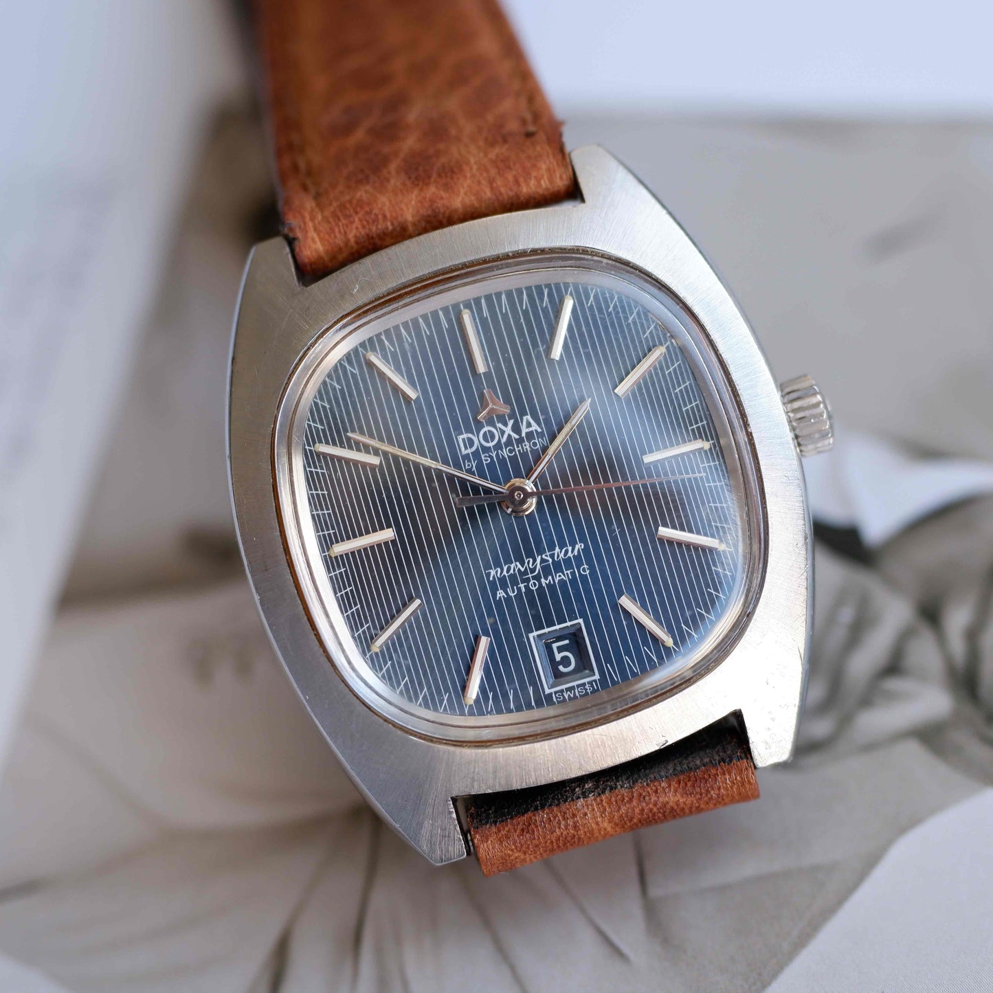 Vintage Doxa Navystar Automatic Watch 70s Blue Striped Dial with Date