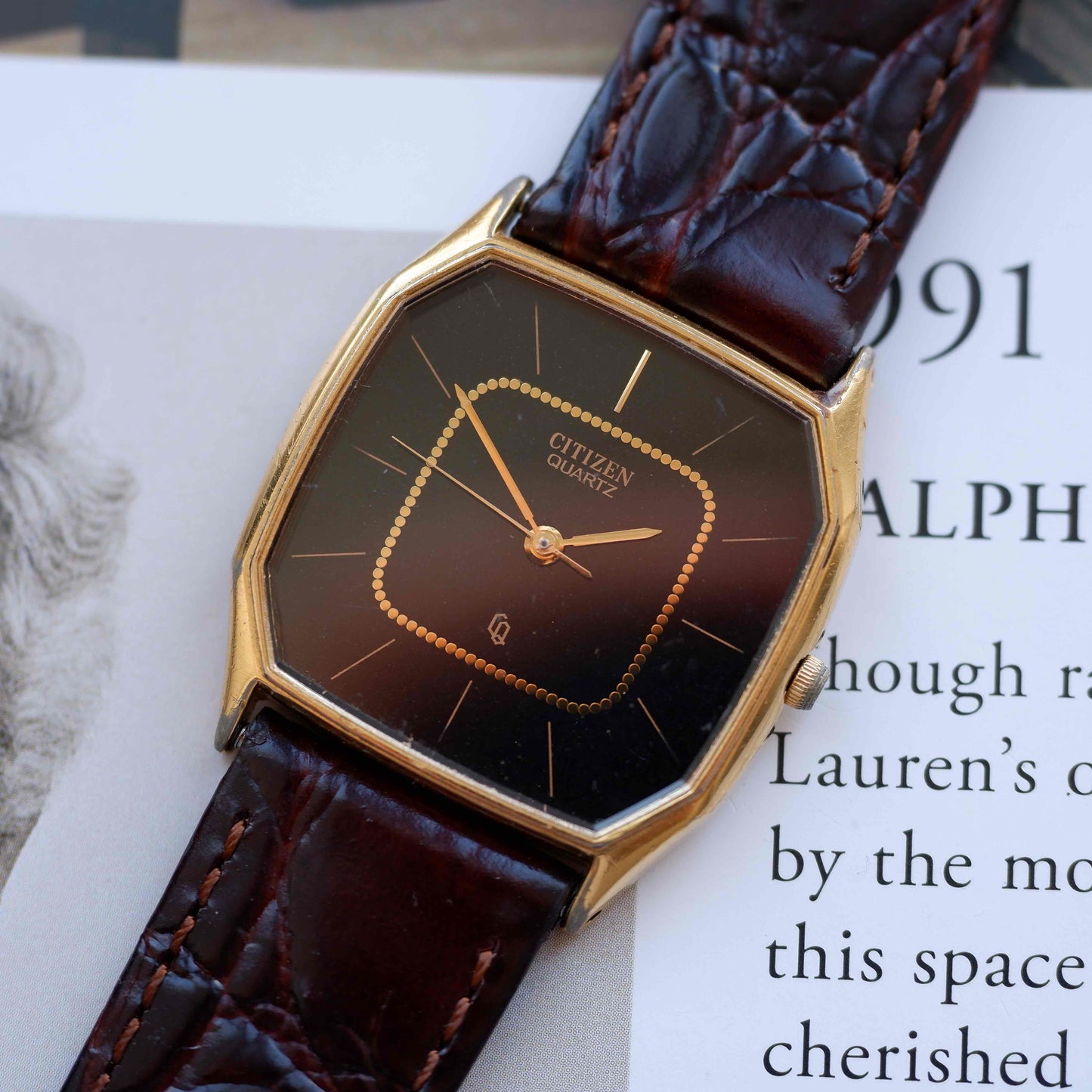 Vintage Citizen Tank Dress Watch 80s Gold Black Dial Quartz