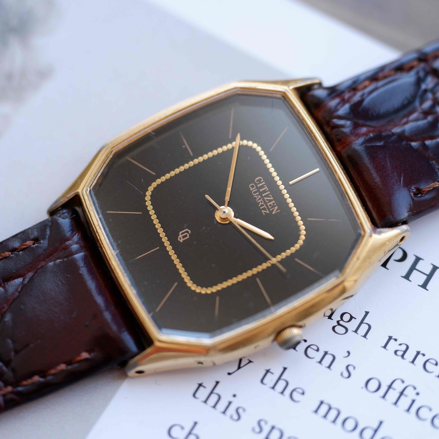 Vintage Citizen Tank Dress Watch 80s Gold Black Dial Quartz