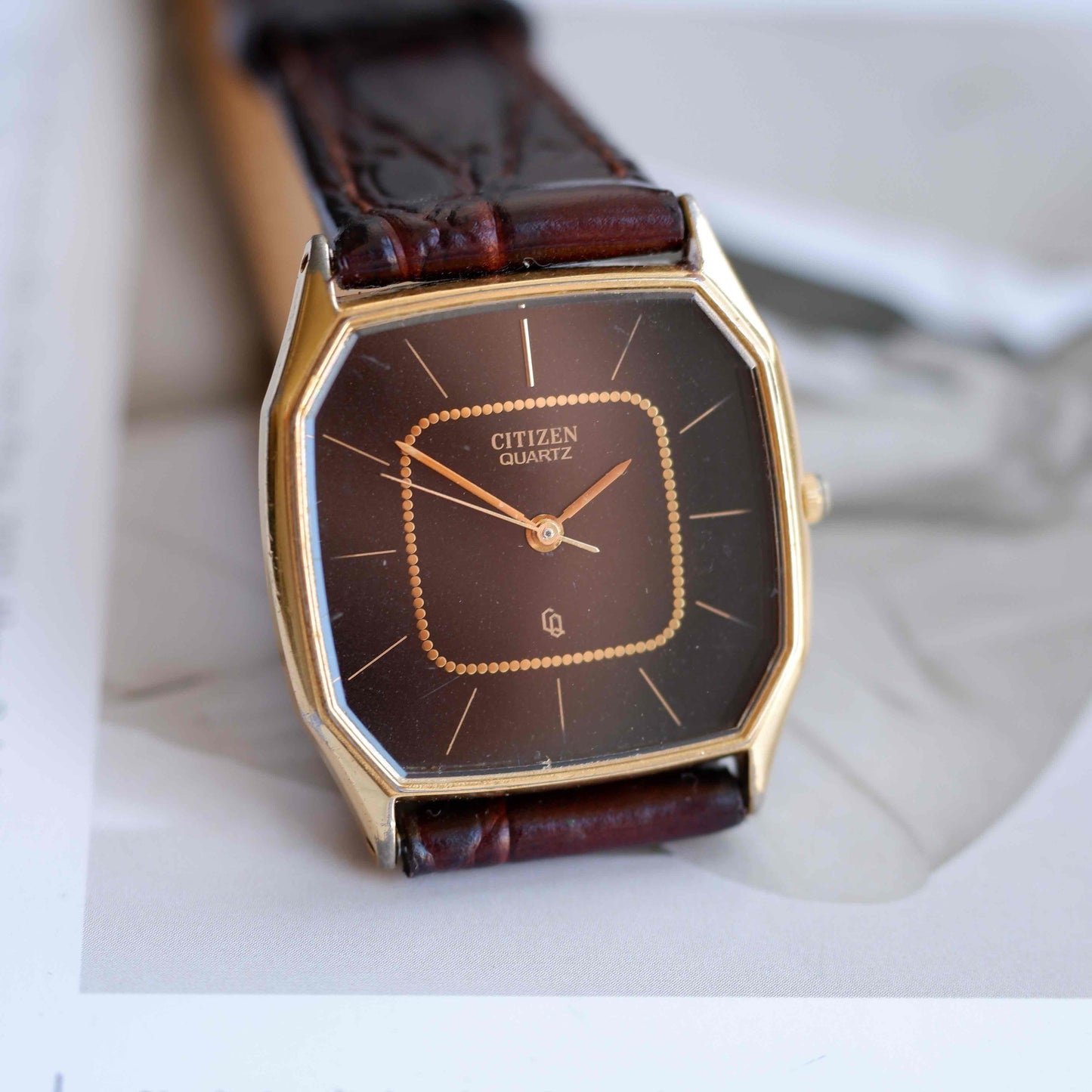 Vintage Citizen Tank Dress Watch 80s Gold Black Dial Quartz