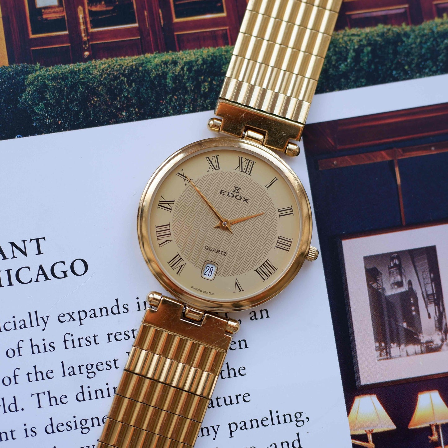 Vintage Edox Roman Dial Gold Plated Quartz Watch 80s