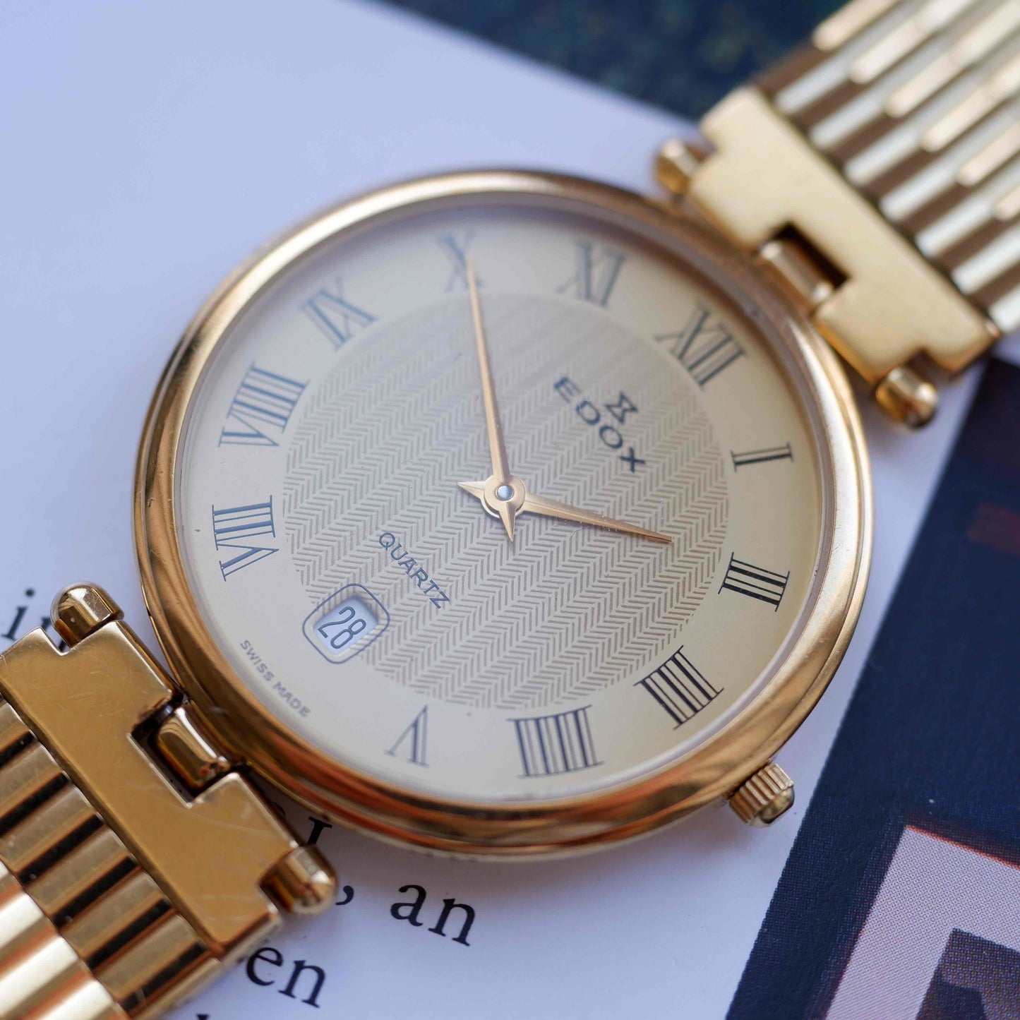 Vintage Edox Roman Dial Gold Plated Quartz Watch 80s