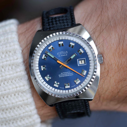 Vintage Misalla 70s Diver Automatic Cushion Case Blue Sunburst Dial MINT