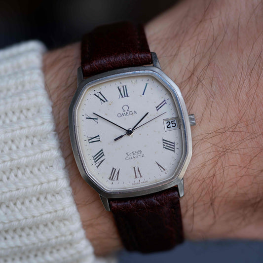 Vintage Omega De Ville Quartz Cushion Case White Dial Brown Leather Strap - 1970s Dress Watch