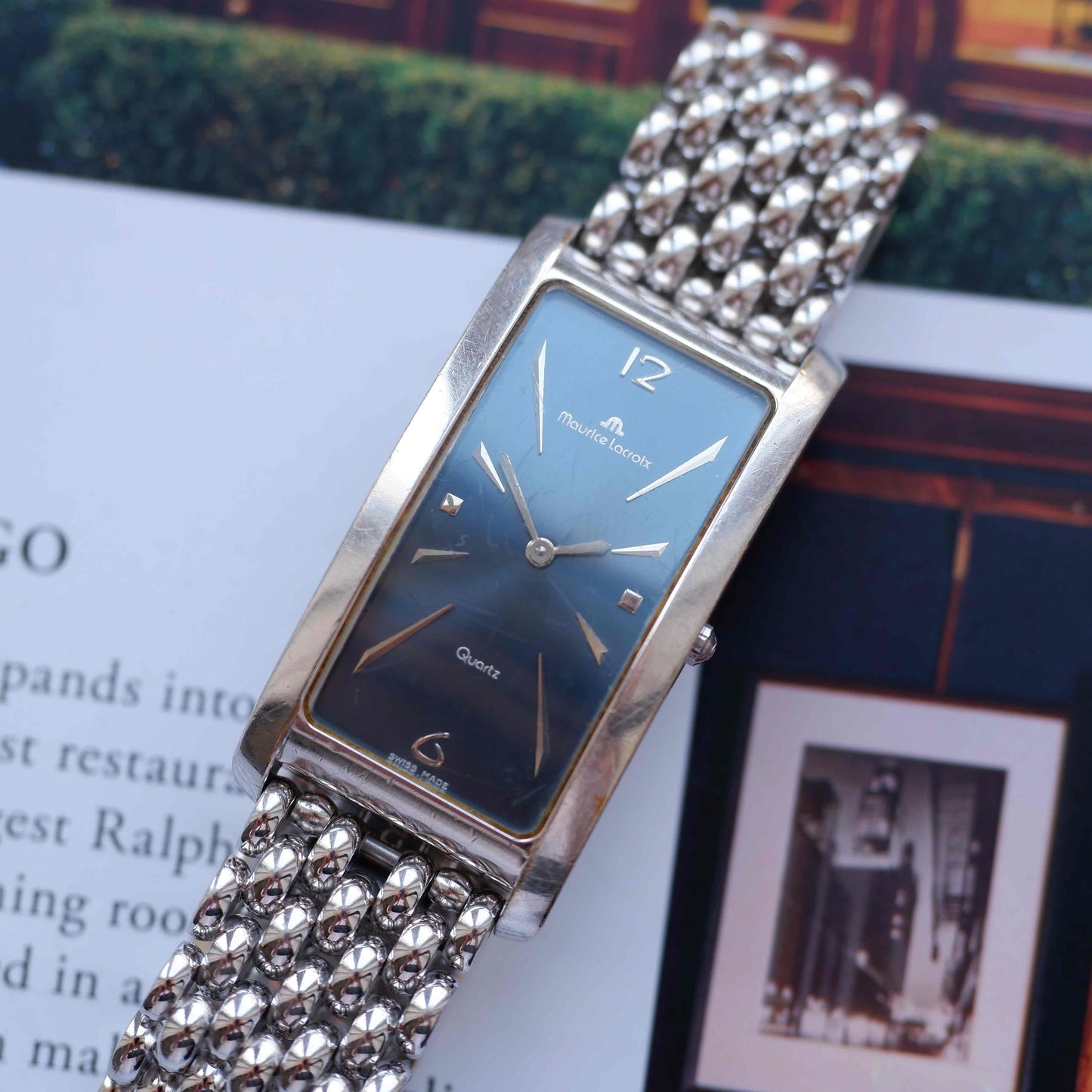 Vintage Maurice Lacroix Tank Watch Stella Blue Dial Bubble-Link Bracelet 80s