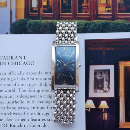 Vintage Maurice Lacroix Tank Watch Stella Blue Dial Bubble-Link Bracelet 80s