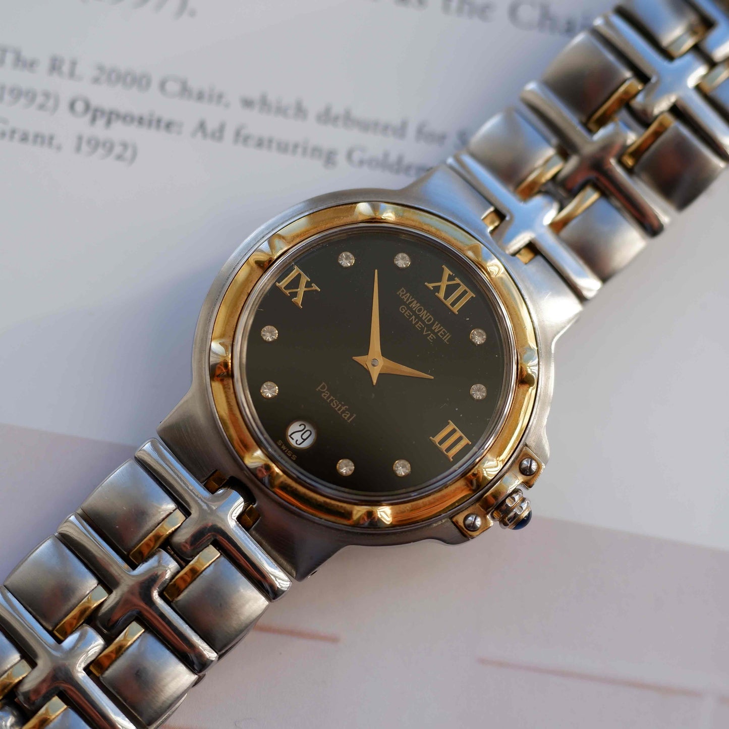 Vintage Raymond Weil Parsifal Watch Golden Two-Tone Black Diamond-Set Dial