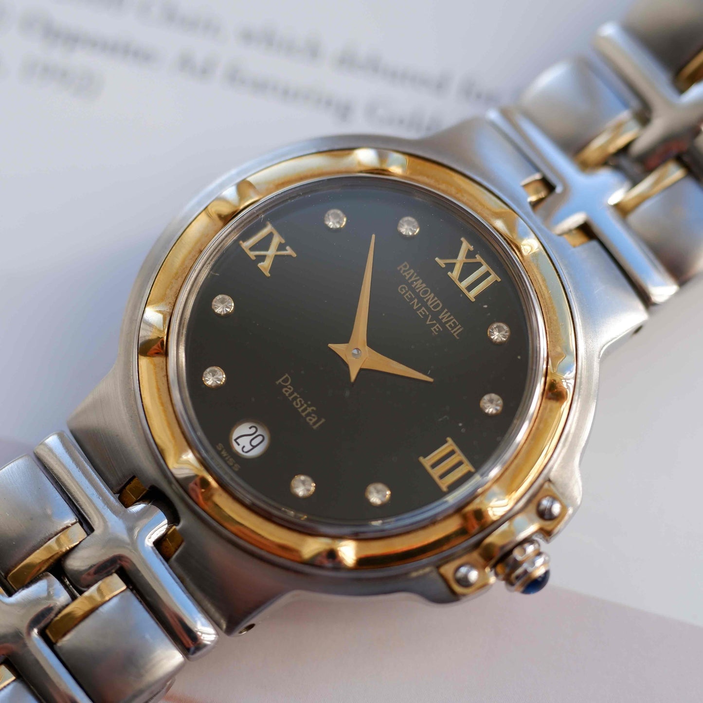 Vintage Raymond Weil Parsifal Watch Golden Two-Tone Black Diamond-Set Dial