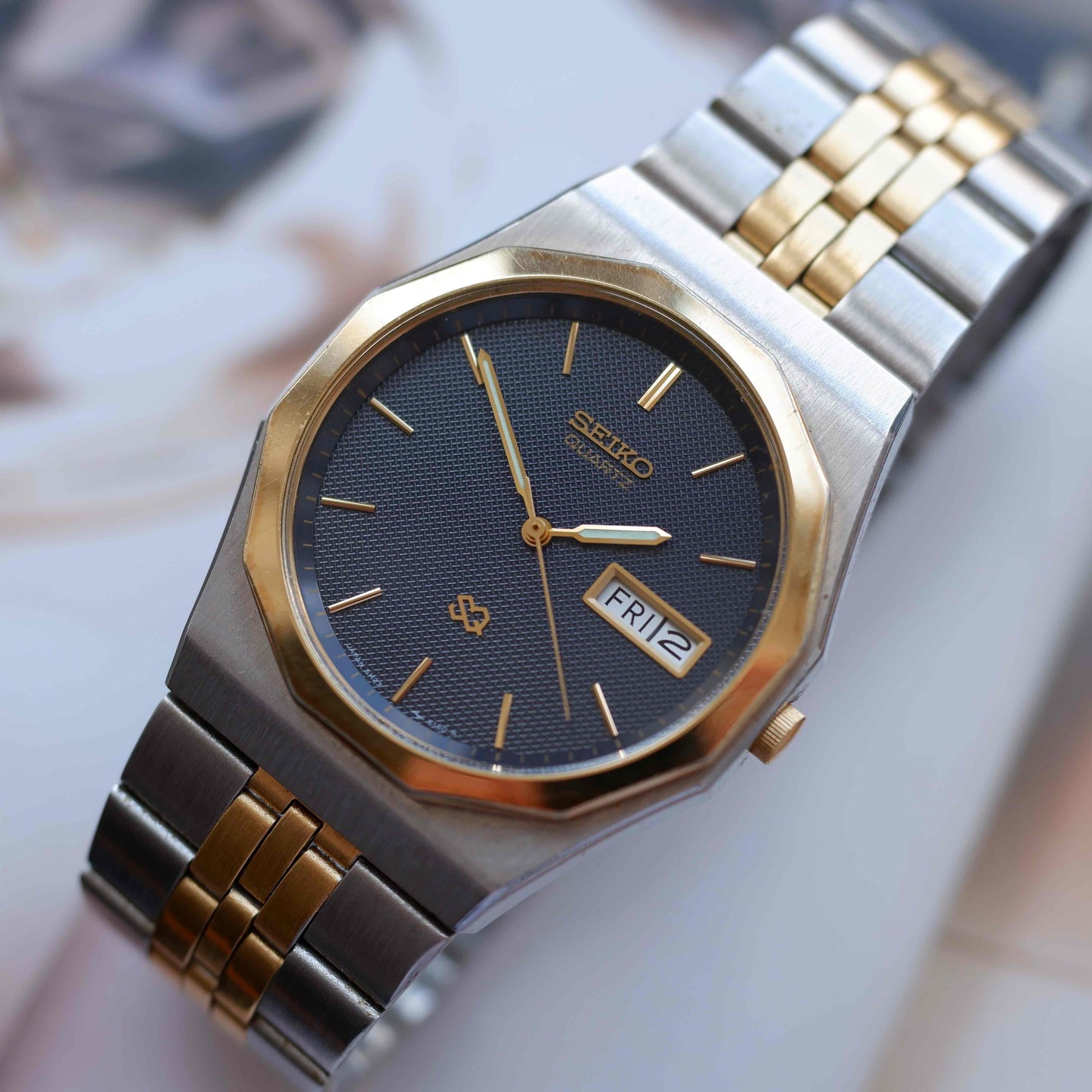 Vintage Seiko SQ Day-Date Blue Waffle Dial Two-Tone Bracelet 80s - MINT