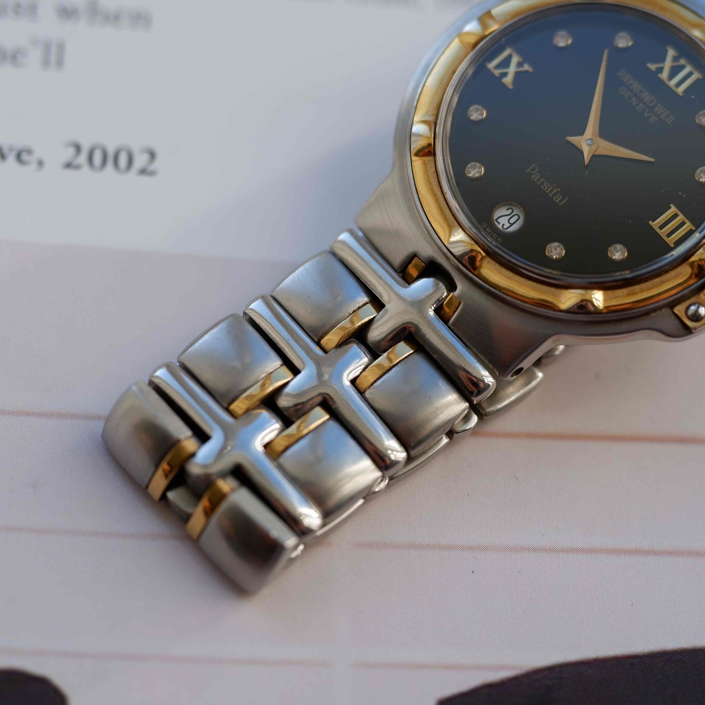 Vintage Raymond Weil Parsifal Watch Golden Two-Tone Black Diamond-Set Dial