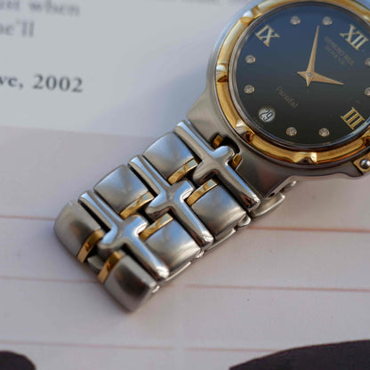 Vintage Raymond Weil Parsifal Watch Golden Two-Tone Black Diamond-Set Dial