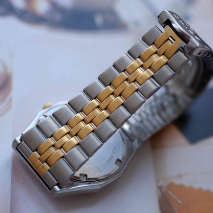 Vintage Seiko SQ Day-Date Blue Waffle Dial Two-Tone Bracelet 80s - MINT