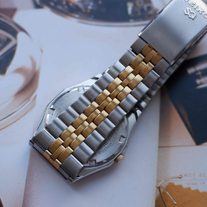 Vintage Seiko SQ Day-Date Blue Waffle Dial Two-Tone Bracelet 80s - MINT