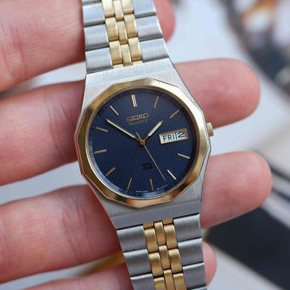 Vintage Seiko SQ Day-Date Blue Waffle Dial Two-Tone Bracelet 80s - MINT