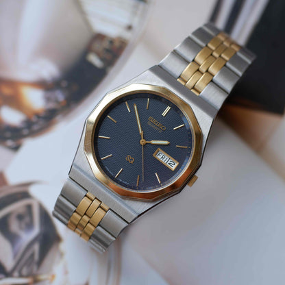 Vintage Seiko SQ Day-Date Blue Waffle Dial Two-Tone Bracelet 80s - MINT