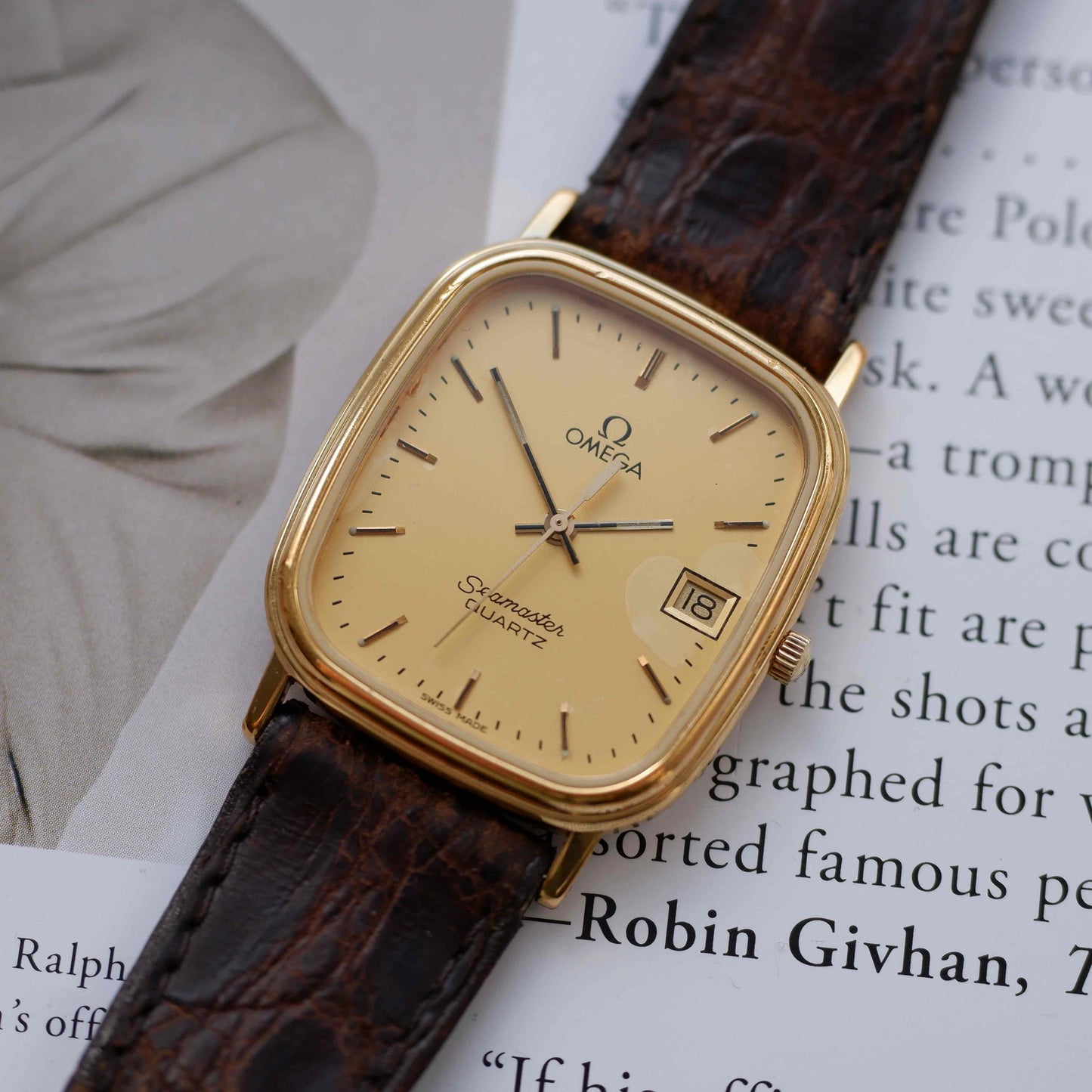 Vintage Omega Seamaster Tank Gold Champagne Dial 80s Quartz
